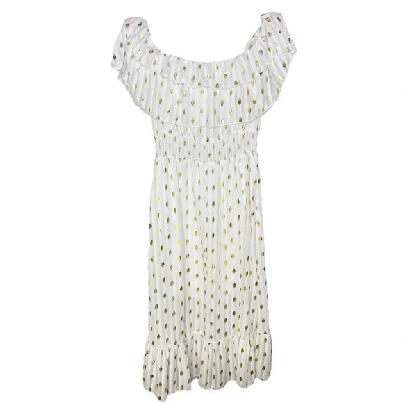 C+D+M Collection White Gold Polka Dot Off The Shoulder Smocked Waist Dress Sz. S - Picture 7 of 10